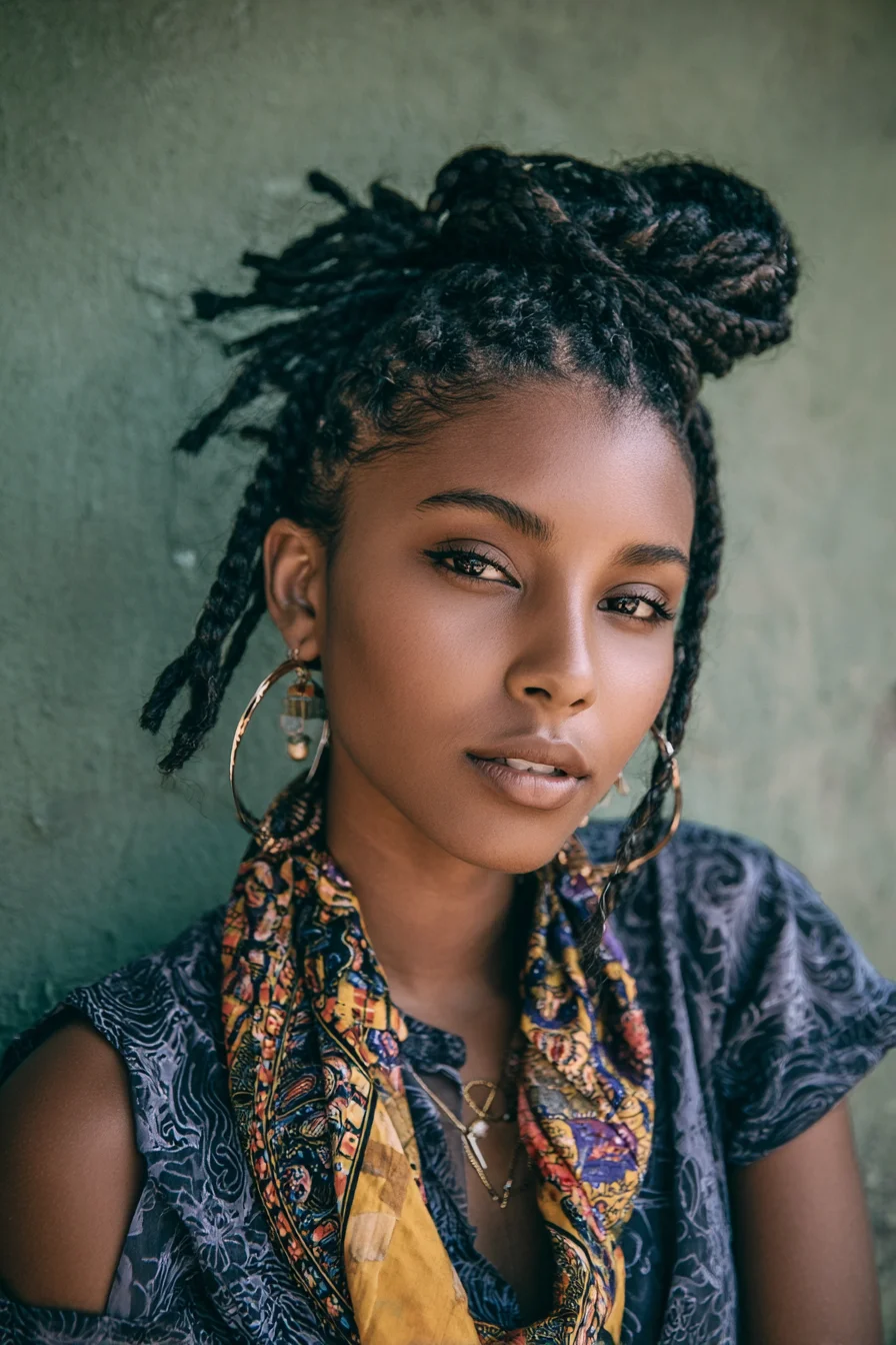 High Twisted Bun with Face‑Framing Two‑Strand Twists