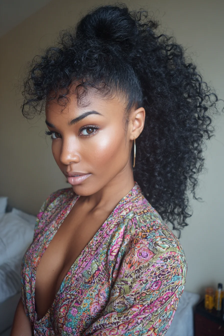 High Voluminous Curly Ponytail with Defined Edges (Natural Curls/Extensions)