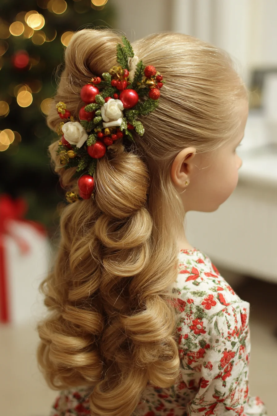 Holiday Half‑Up Barrel Curls with Festive Floral Berry Hairpiece