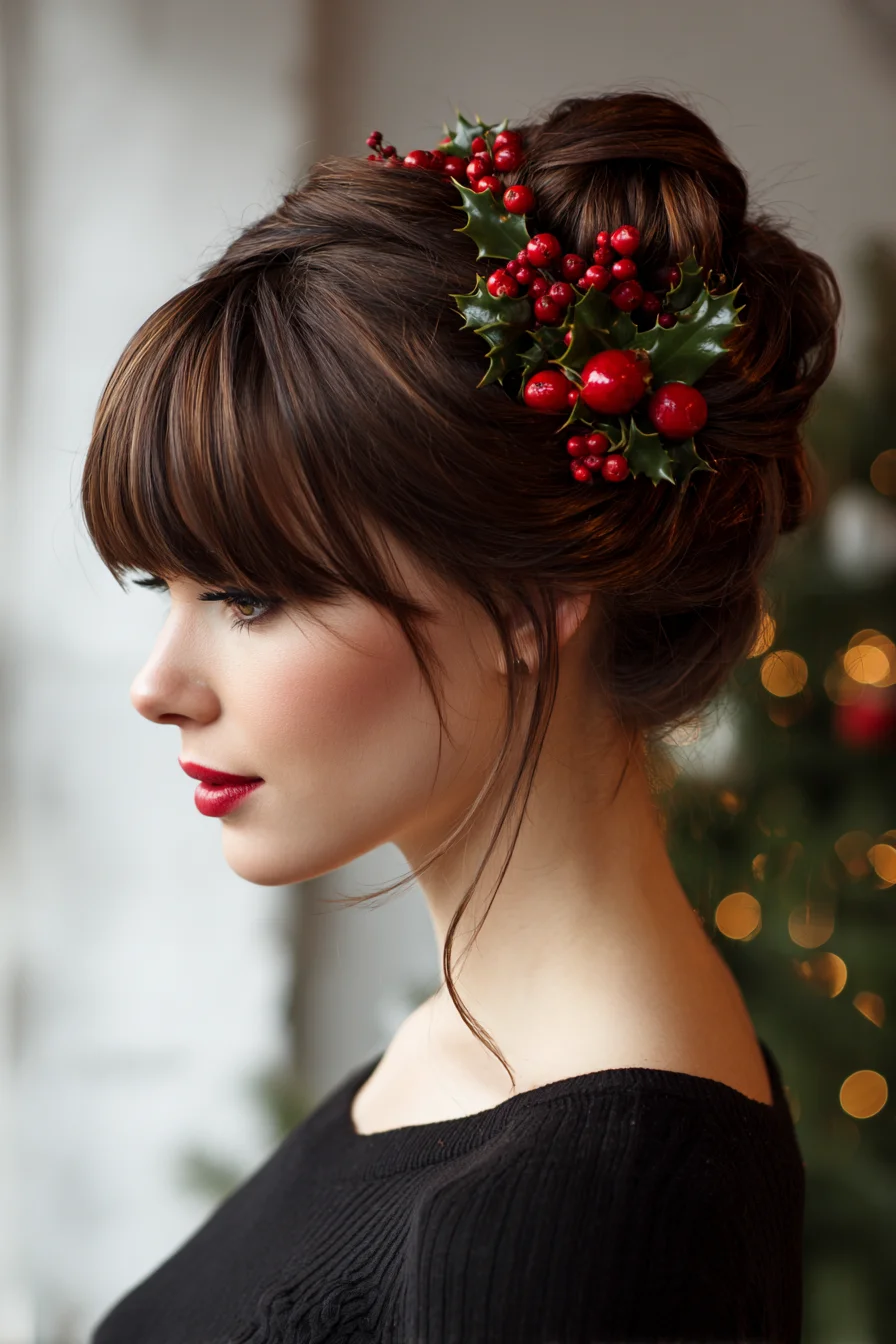 Holiday High Bun with Blunt Fringe and Holly Berry Accent
