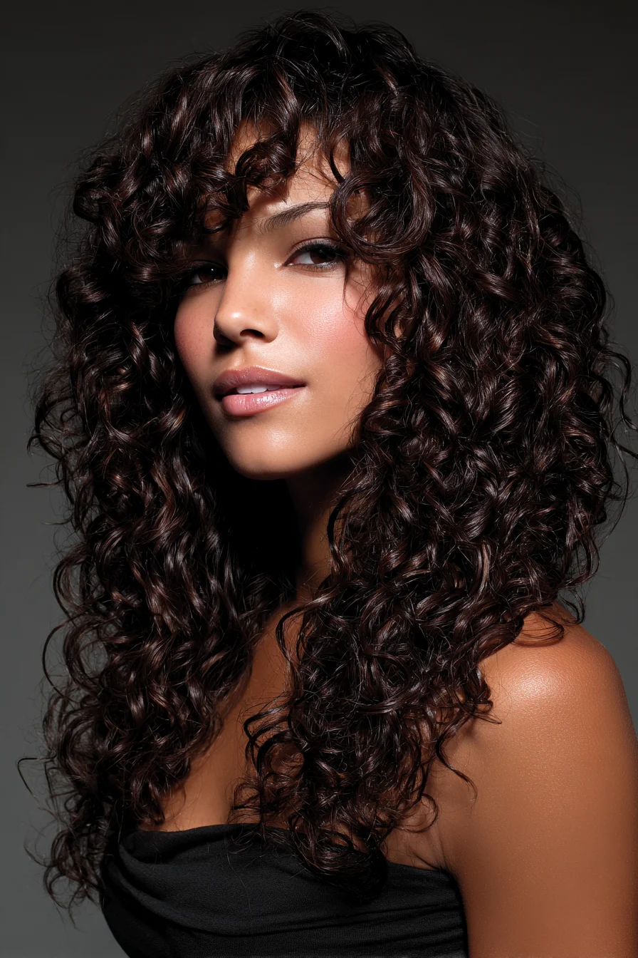 Layered Long Curly Hair with Curtain Bangs — Defined Natural Curls (Type 3A–3C)