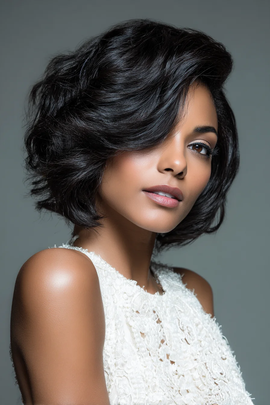 Layered Short Bob with Side-Swept Volume — Voluminous Textured Blowout