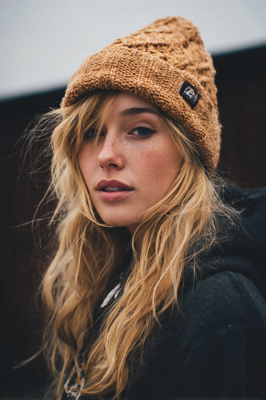 Long Blonde Beachy Waves with Tousled Layers and Side-Swept Fringe