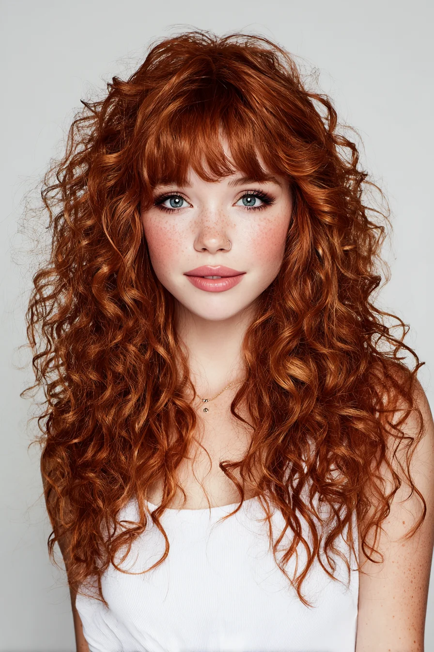 Long Copper Curly Hair with Wispy Fringe and Layered Shape