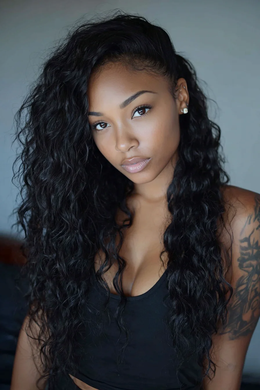 Long Deep Wave Side-Swept Half-Up Hairstyle for Natural Curls