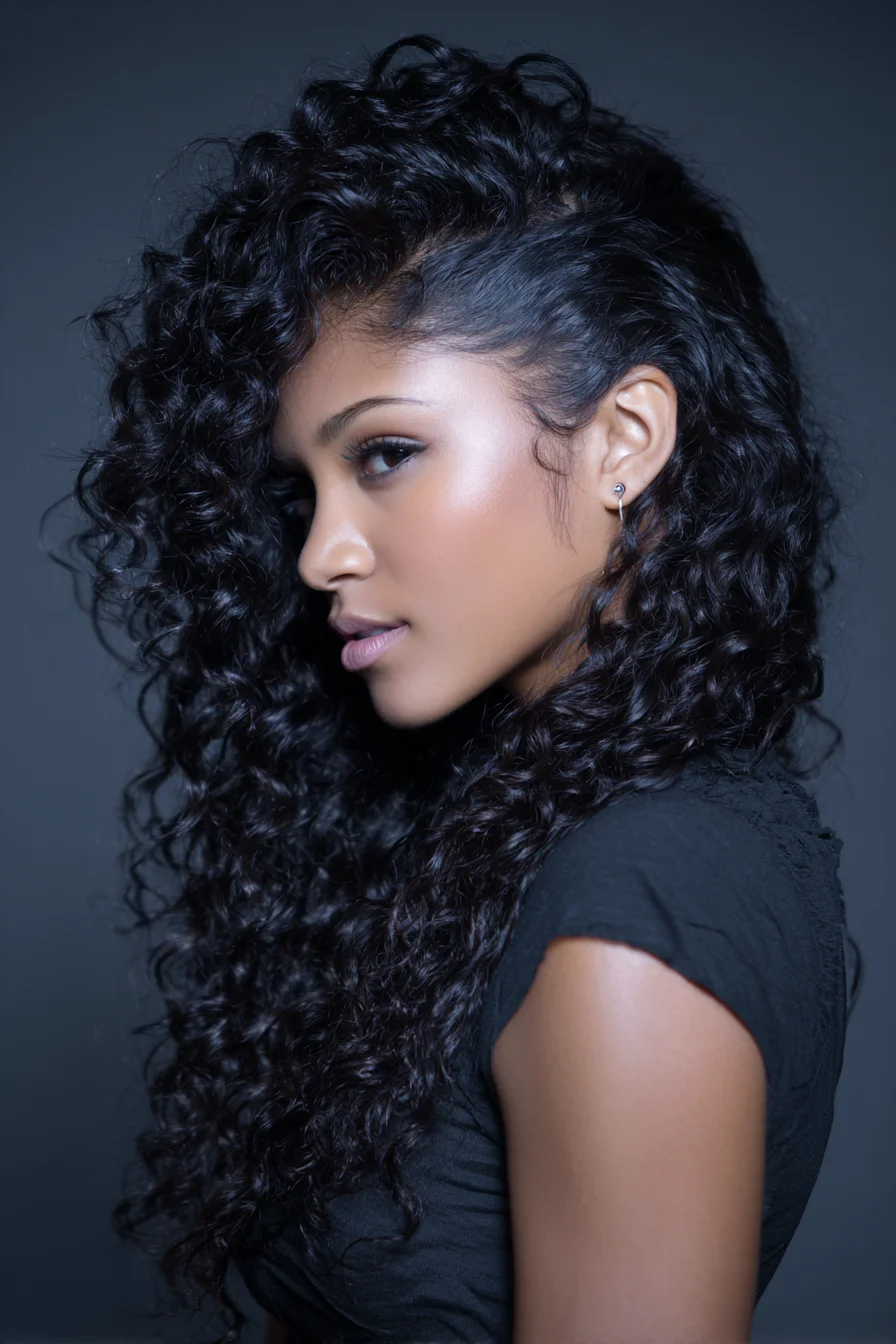 Long Defined Natural Curls with Sleek Side Part