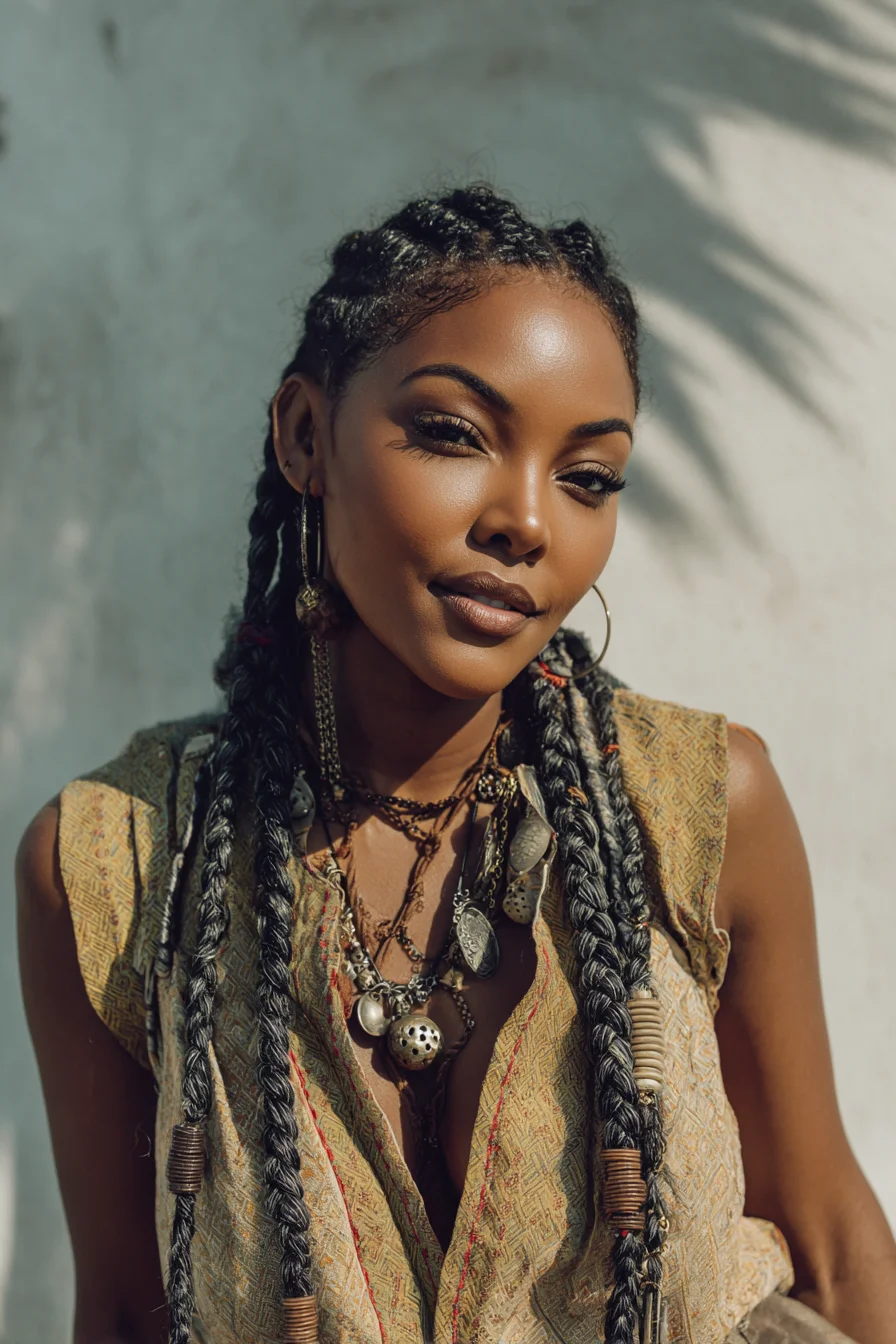 Long Feed-In Cornrows with Boho Rope Braids and Beaded Accents
