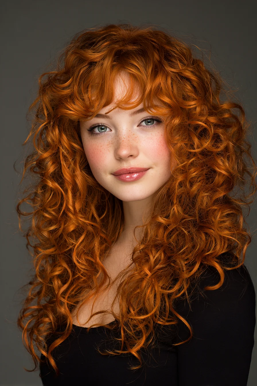 Long Ginger Curly Layers with Soft Curtain Bangs