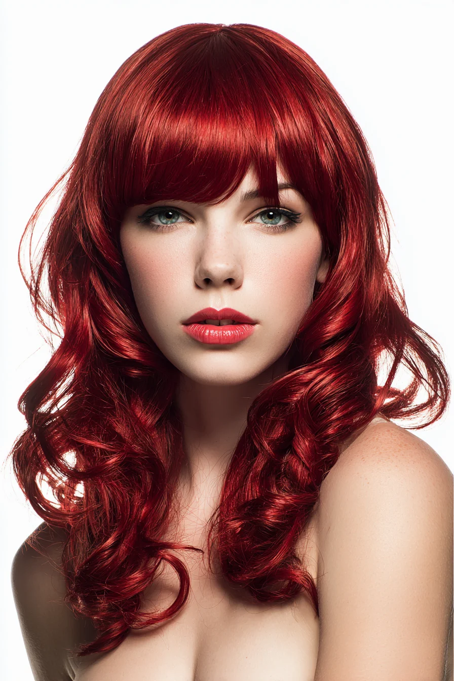 Long Glossy Red Waves with Full Blunt Bangs
