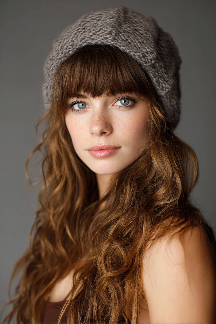 Long Layered Beach Waves with Blunt Brow-Grazing Fringe