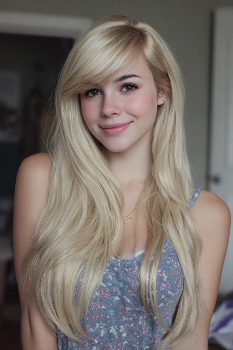 Long Layered Blonde with Face‑Framing Layers and Side‑Swept Bangs