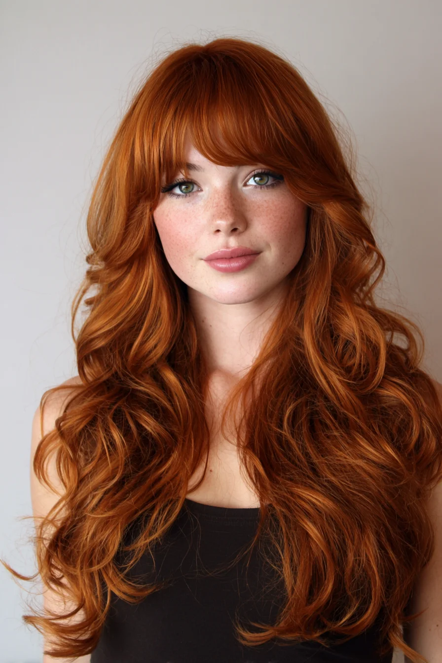 Long Layered Copper Waves with Curtain Bangs