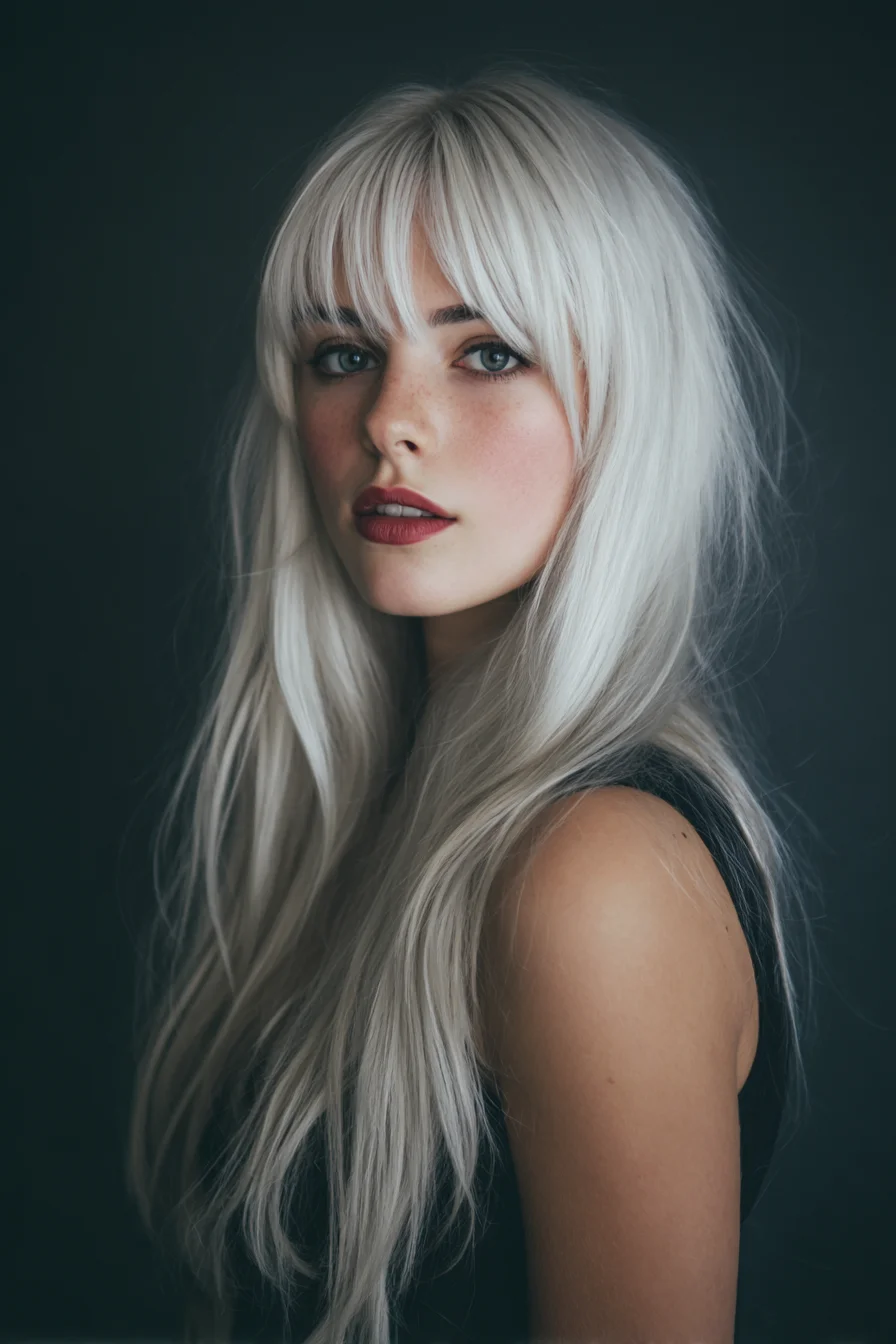 Long Layered Cut with Blunt Curtain Bangs — Platinum Blonde Finish