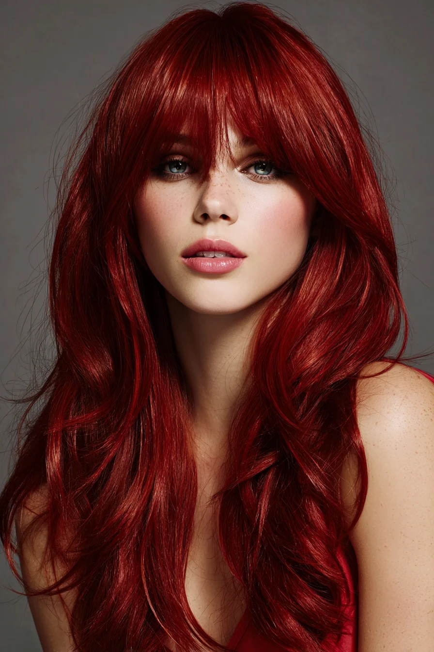 Long Layered Cut with Curtain Bangs — Vibrant Red Face‑Framing Style