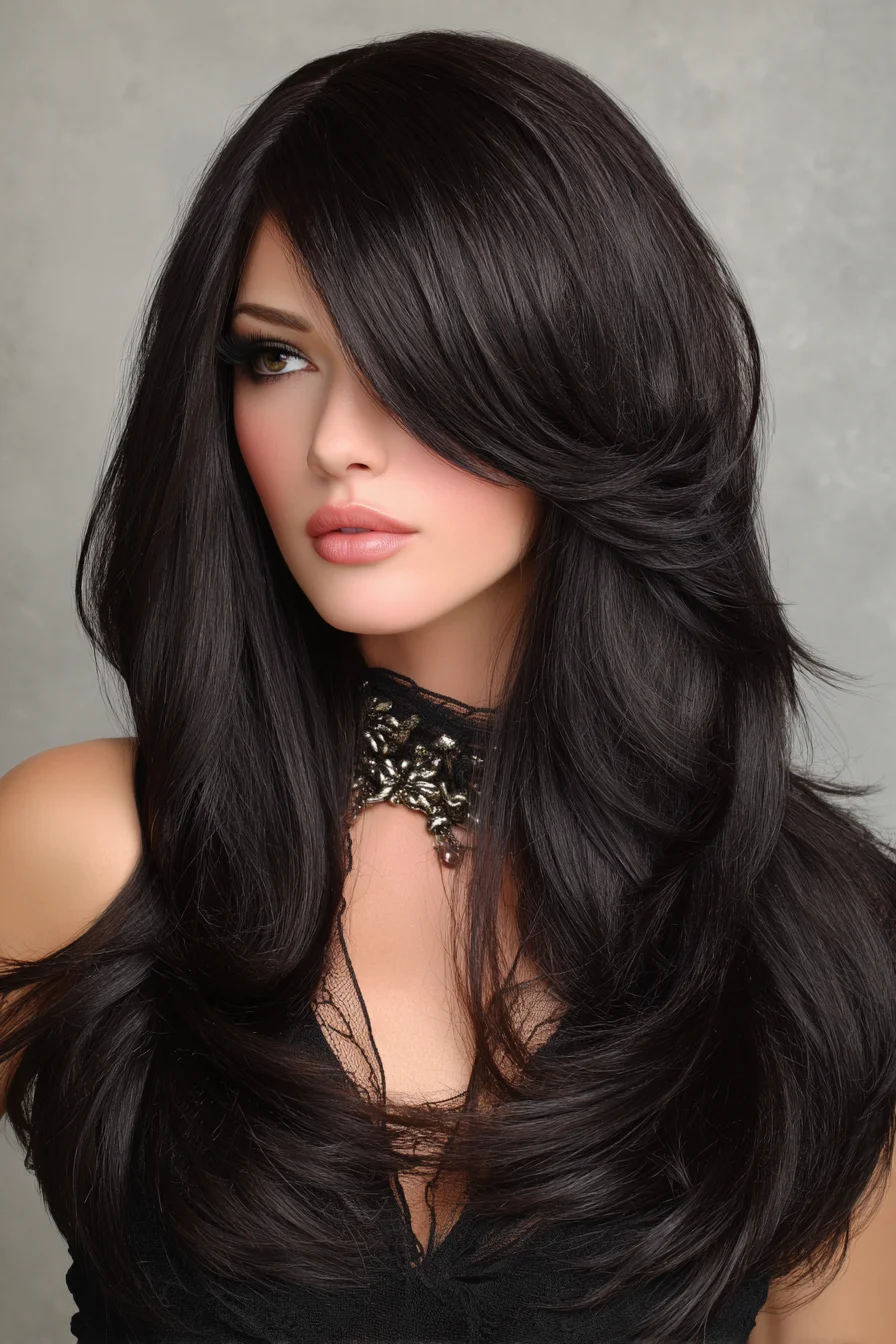 Long Layered Cut with Side‑Swept Bangs — Glossy Salon Blowout