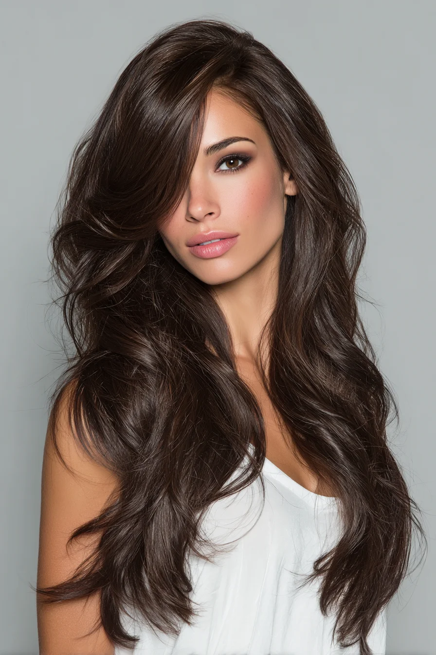Long Layered Cut with Side‑Swept Fringe and Voluminous Waves
