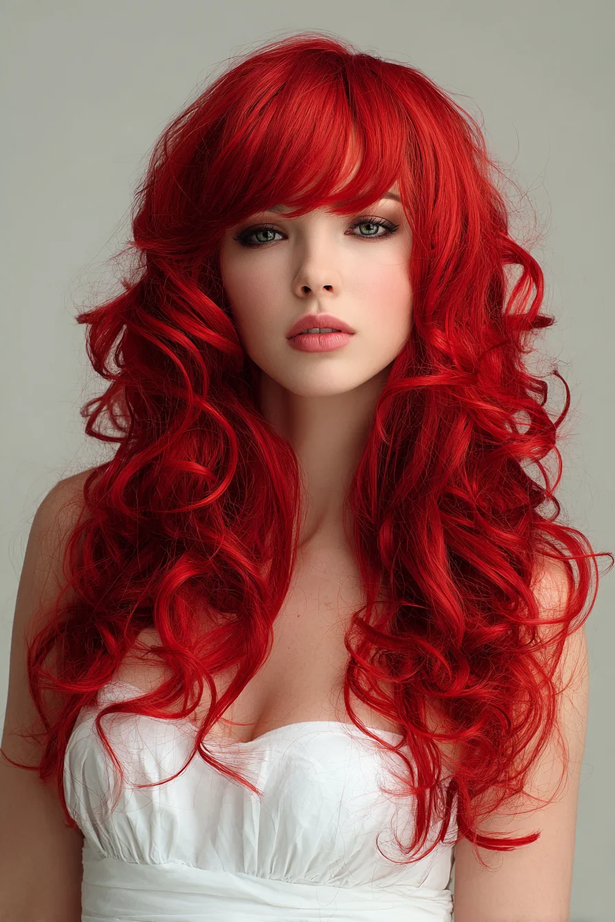 Long Layered Fiery Red Curls with Curtain Bangs