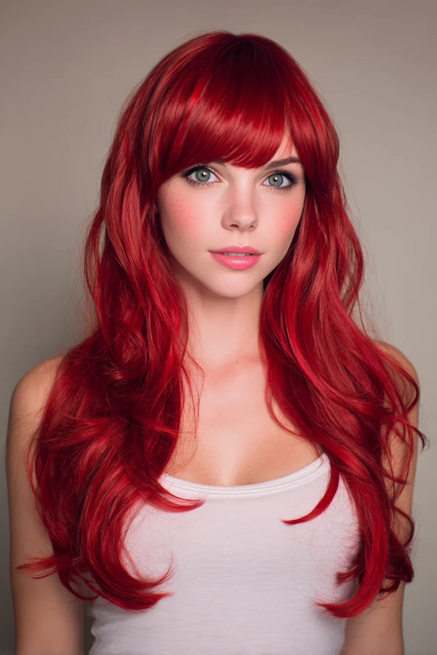 Long Layered Fiery Red Hair with Blunt Fringe and Soft Waves