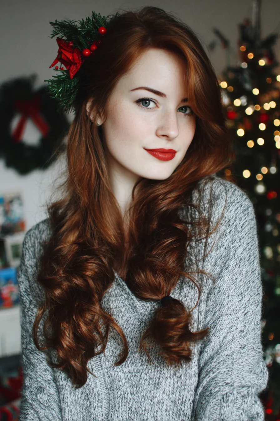 Long Layered Loose Curls with Low Side Ponytail and Festive Hair Accent