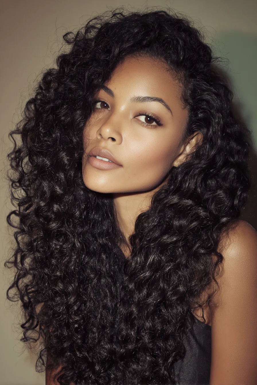 Long Layered Natural Curls with Deep Side Part