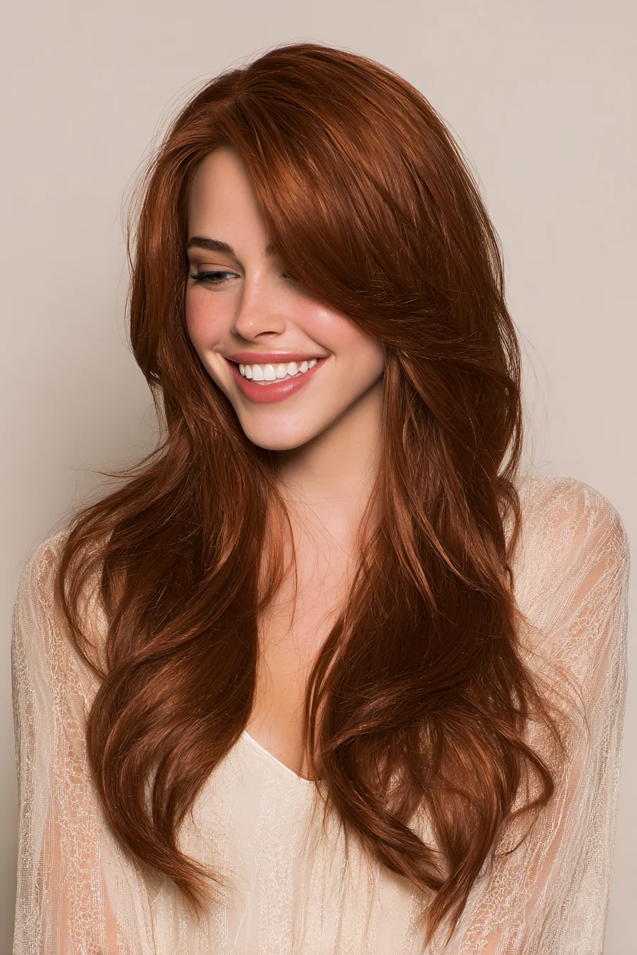 Long Layered Red Hair with Face‑Framing Curtain Bangs