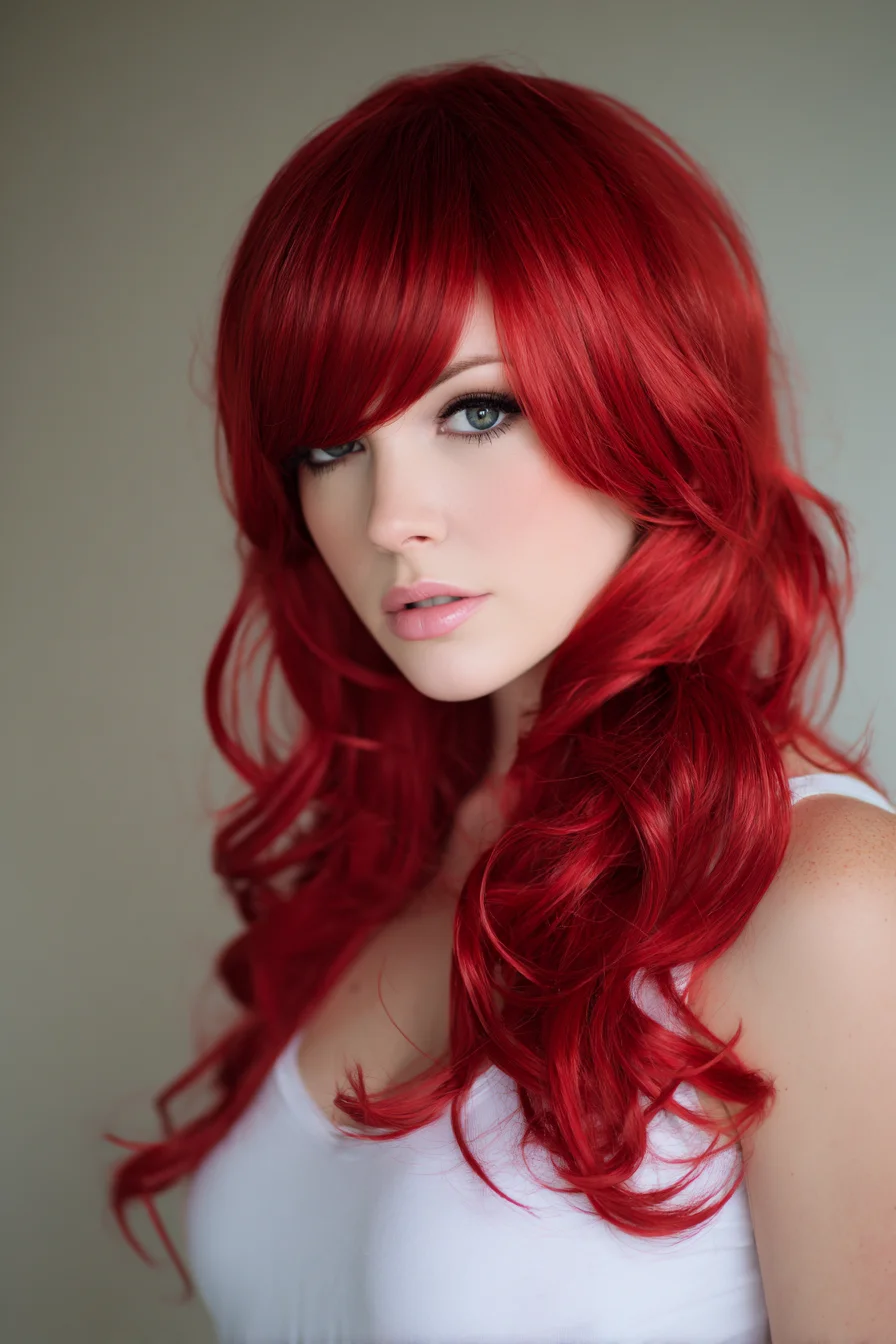 Long Layered Red Hair with Side-Swept Bangs and Soft Waves