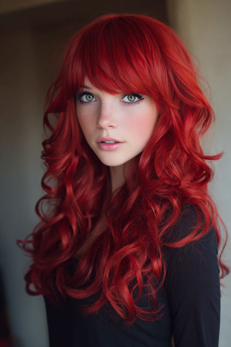 Long Layered Red Hair with Soft Curtain Bangs and Voluminous Waves