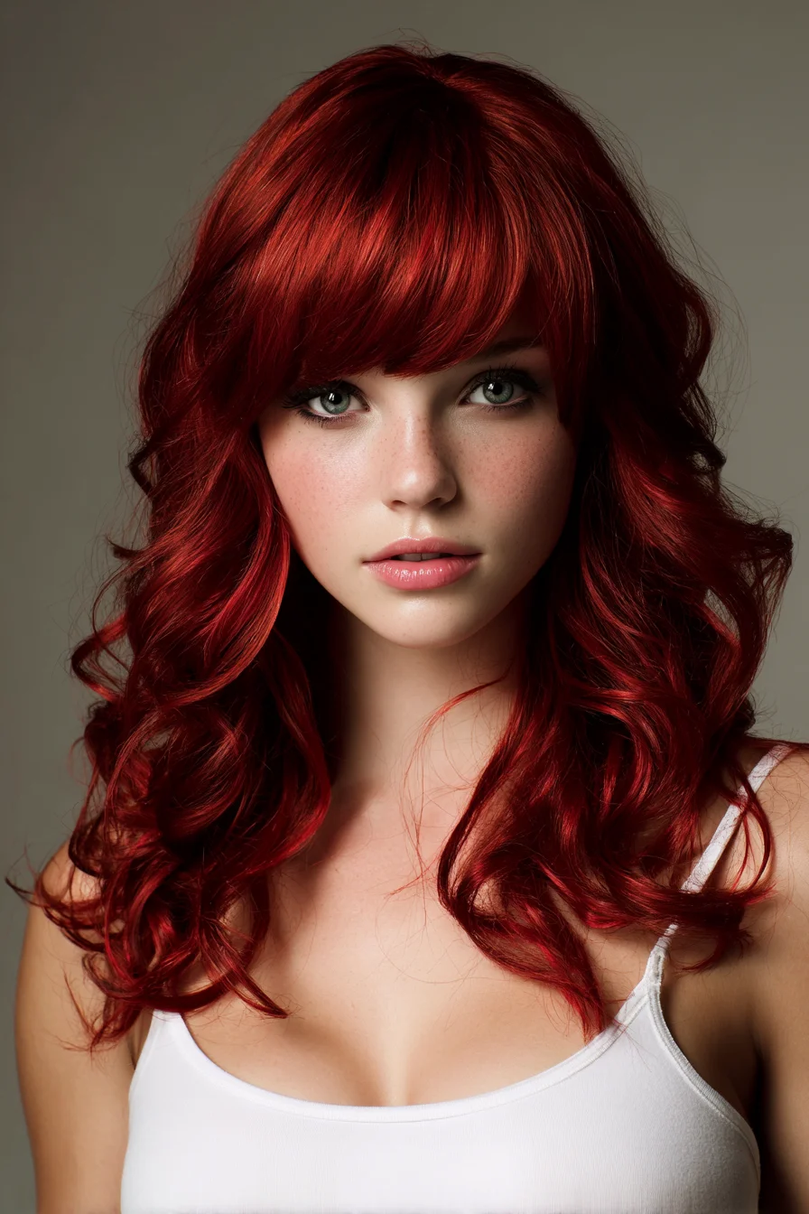 Long Layered Red Hair with Soft Waves and Blunt Fringe