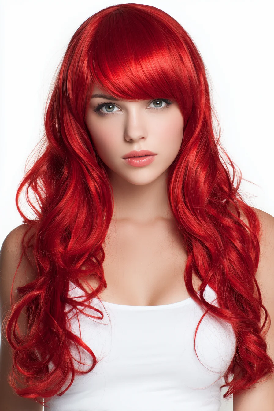 Long Layered Red Waves with Blunt Fringe — Face‑Framing Layers & Soft Curls