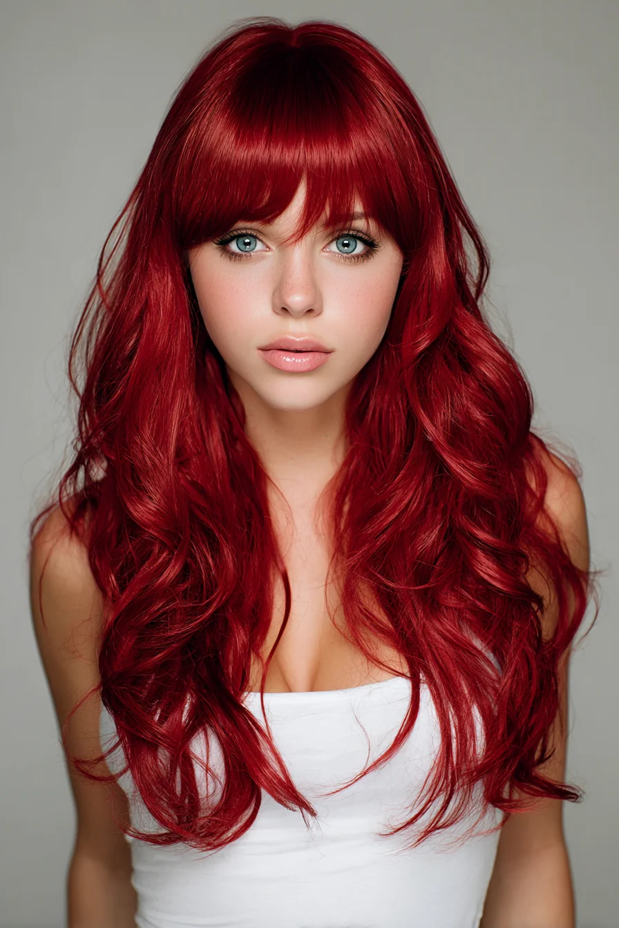 Long Layered Red Waves with Blunt Fringe