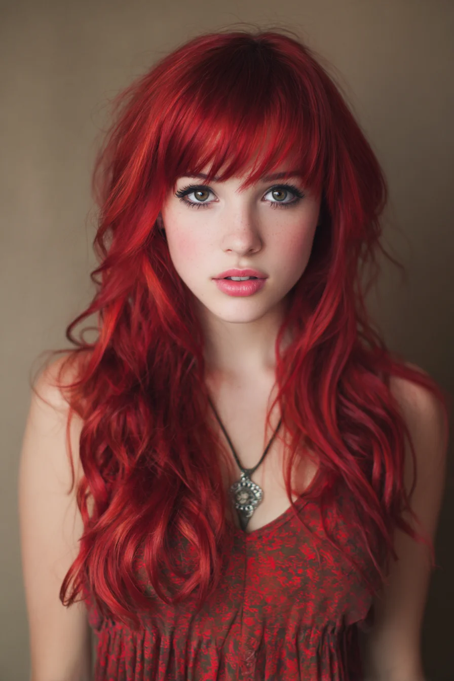 Long Layered Red Waves with Wispy Curtain Fringe
