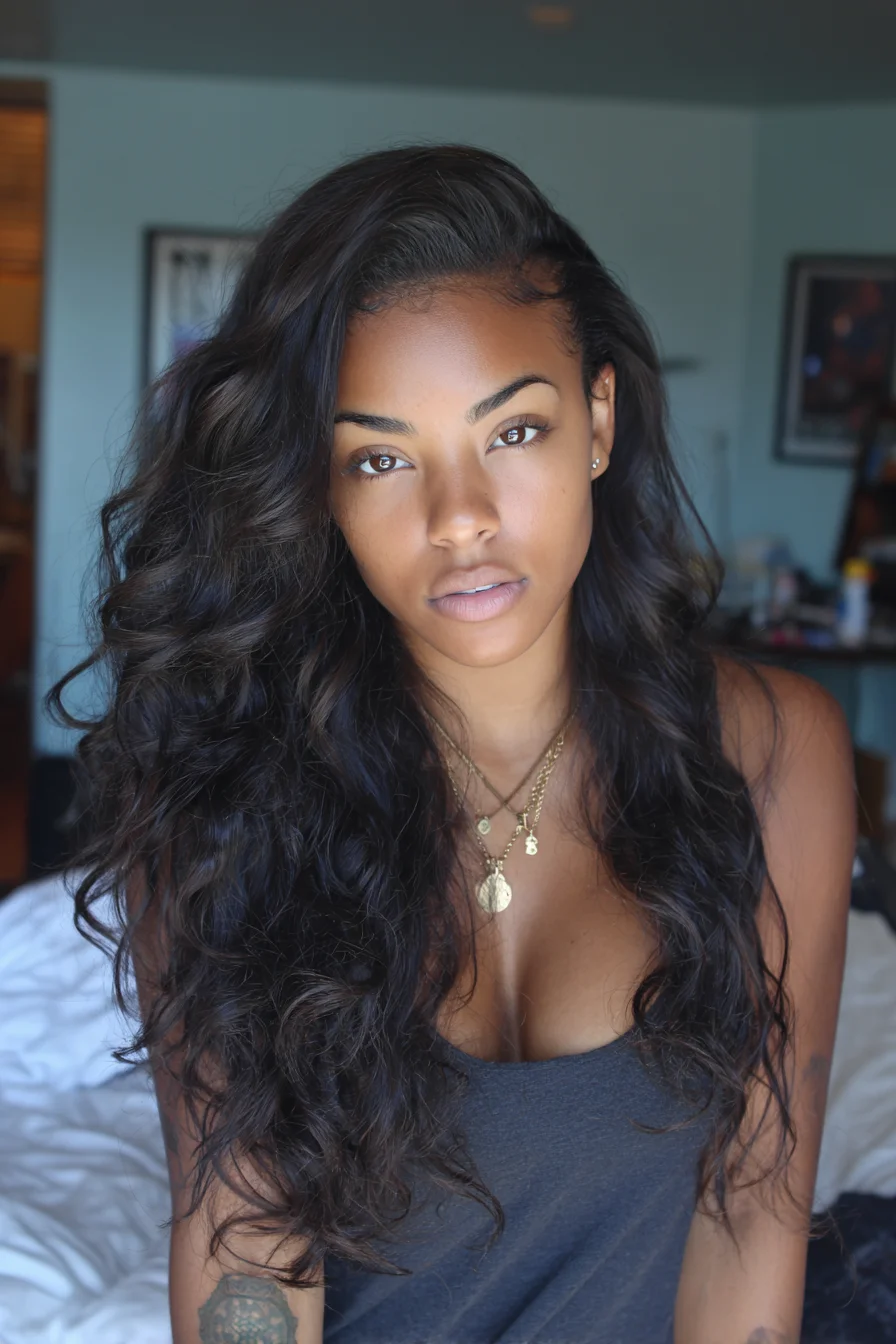Long Layered Side-Swept Waves for Thick, Natural Hair
