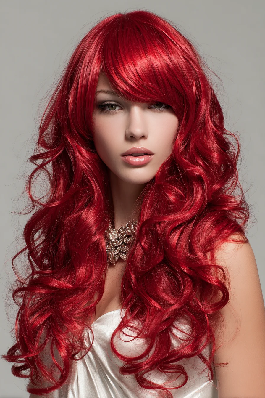 Long Layered Voluminous Red Waves with Side‑Swept Fringe