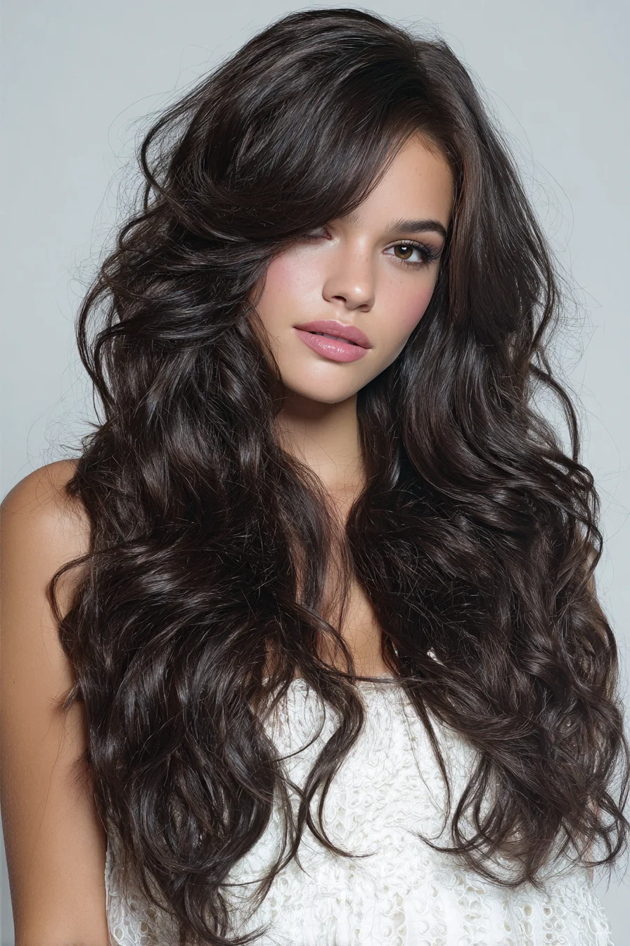 Long Layered Voluminous Waves with Face‑Framing Curtain Bangs