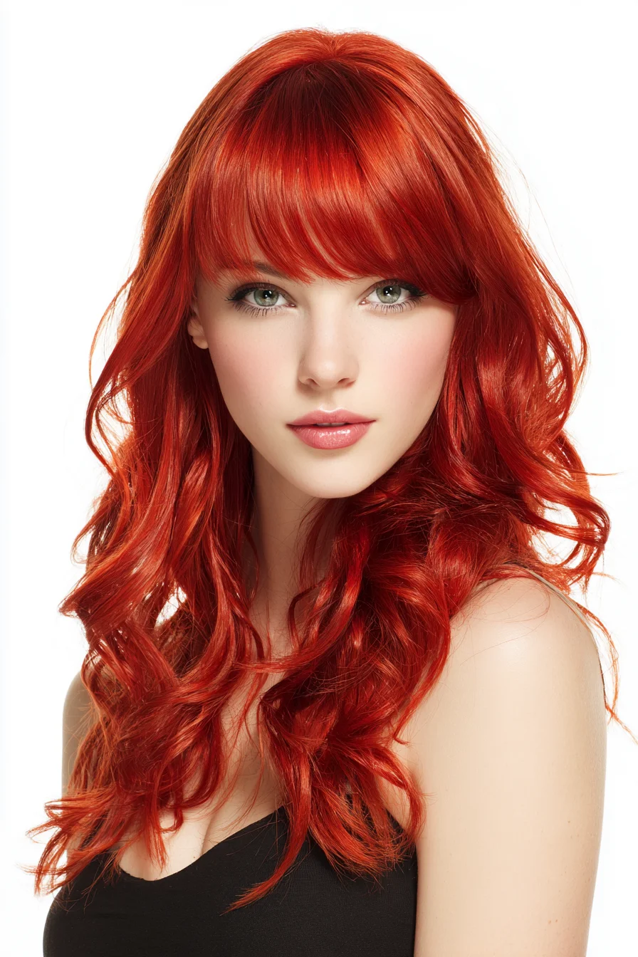 Long Layered Waves with Blunt Fringe in Vibrant Copper Red