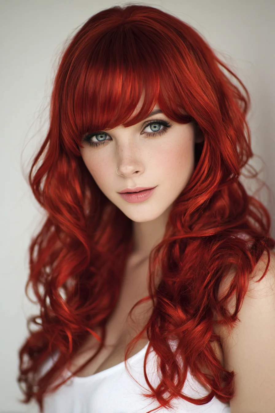 Long Layered Waves with Curtain Bangs — Voluminous Red Hair