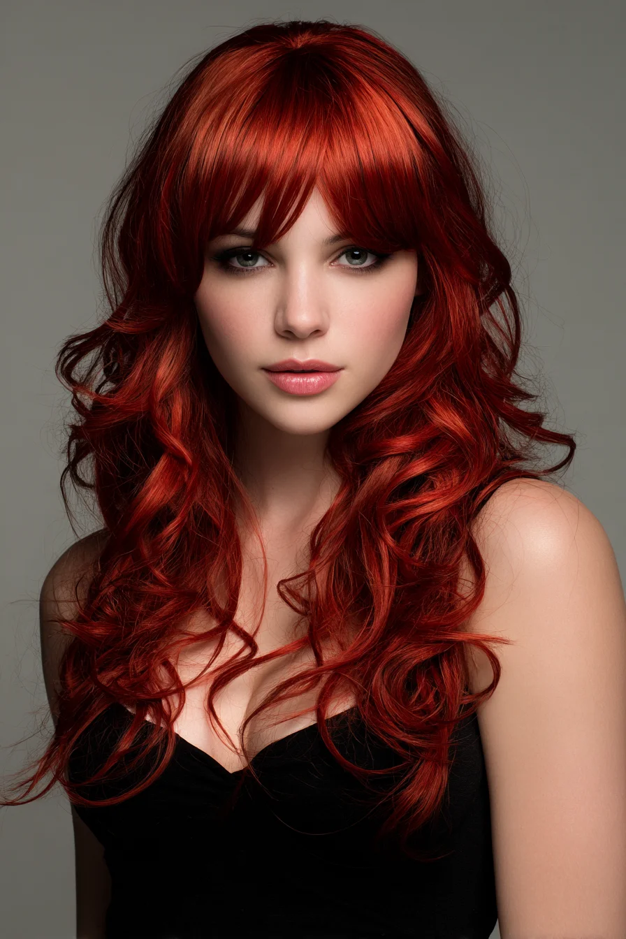 Long Layered Waves with Curtain Bangs — Voluminous Red Hairstyle
