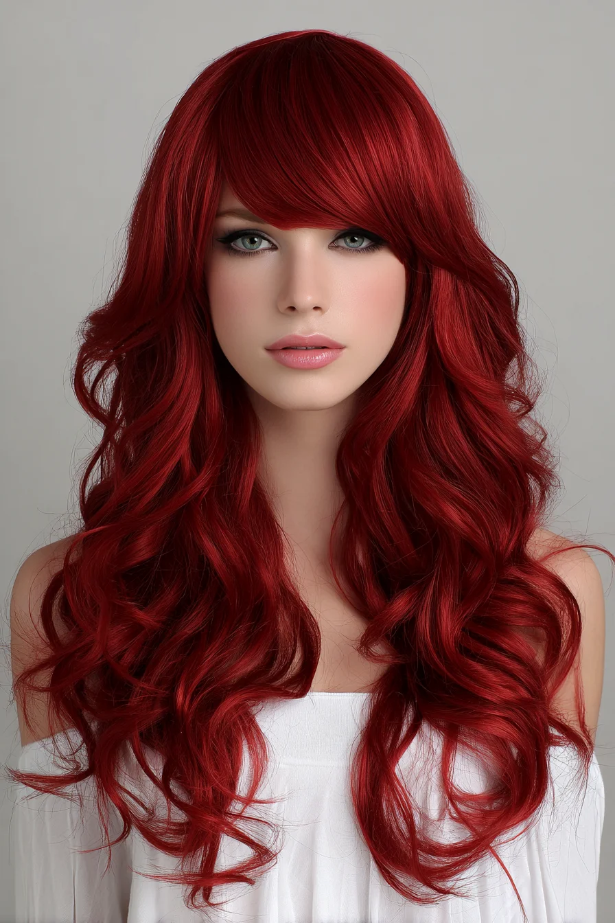 Long Layered Waves with Side-Swept Bangs in Vibrant Crimson