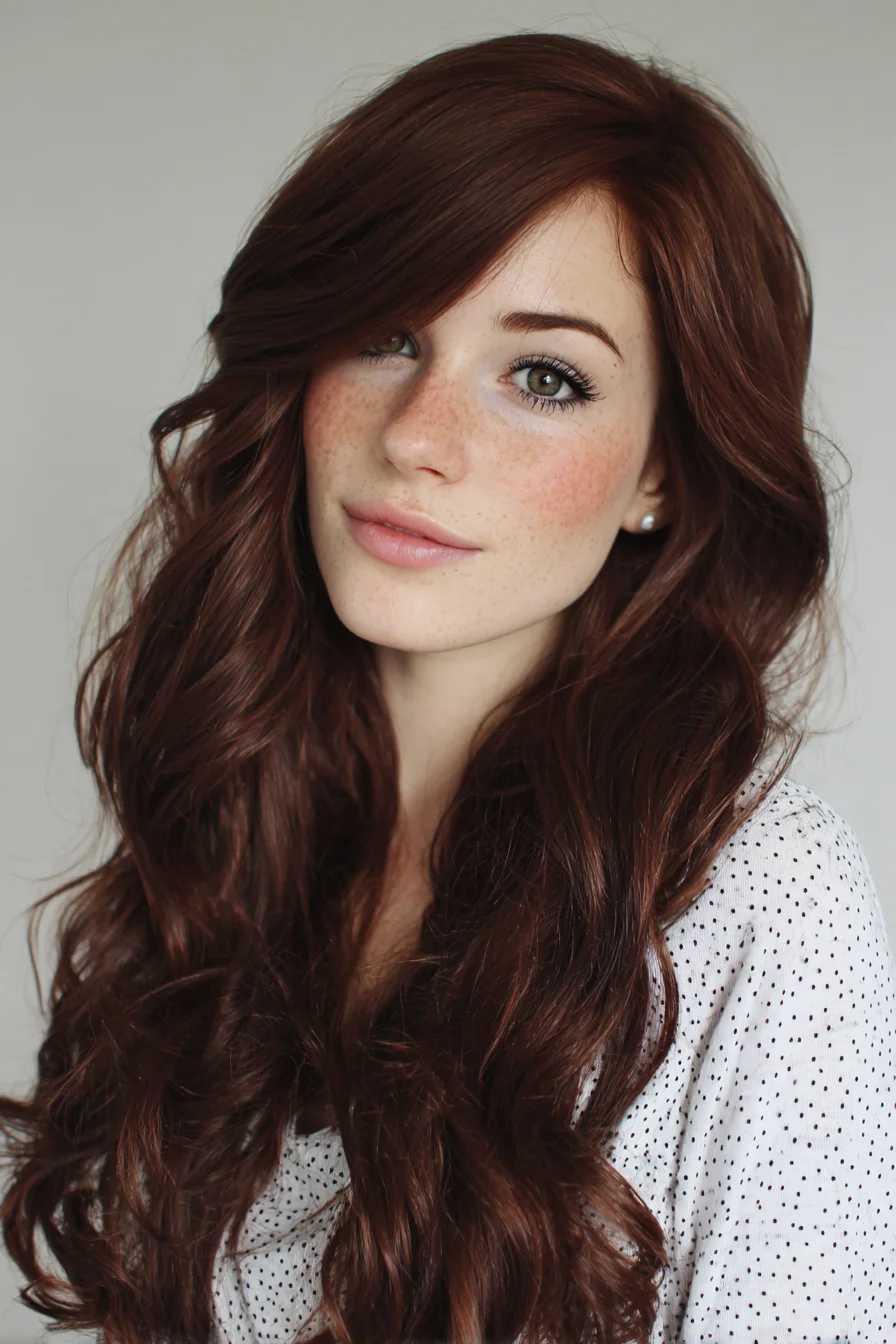 Long Layered Waves with Side-Swept Bangs - Soft Chestnut Style