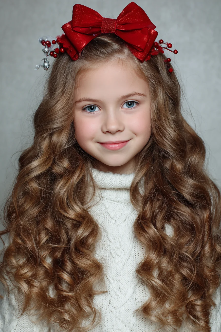 Long Loose Spiral Curls with Festive Bow Accent