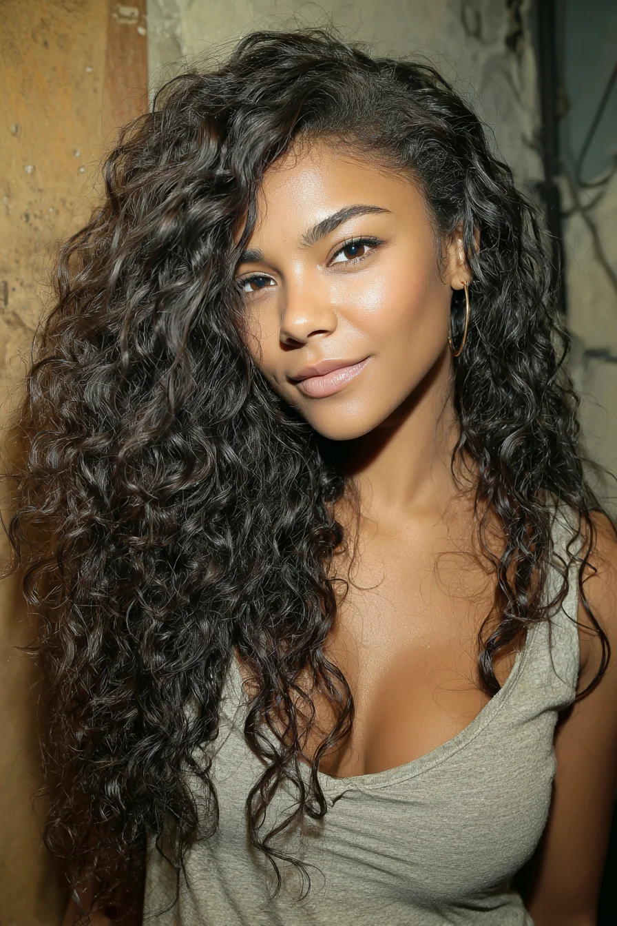 Long Natural Curls with Deep Side Part — Voluminous Defined Curls
