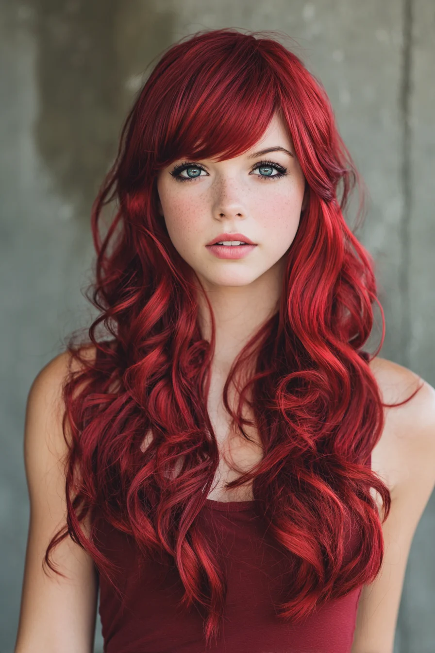 Long Red Cascading Waves with Side-Swept Curtain Bangs