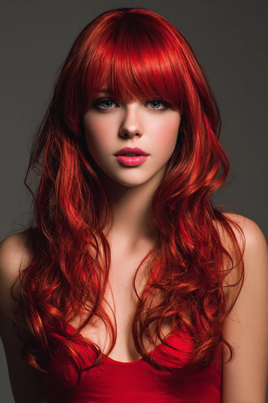 Long Red Layered Waves with Blunt Fringe