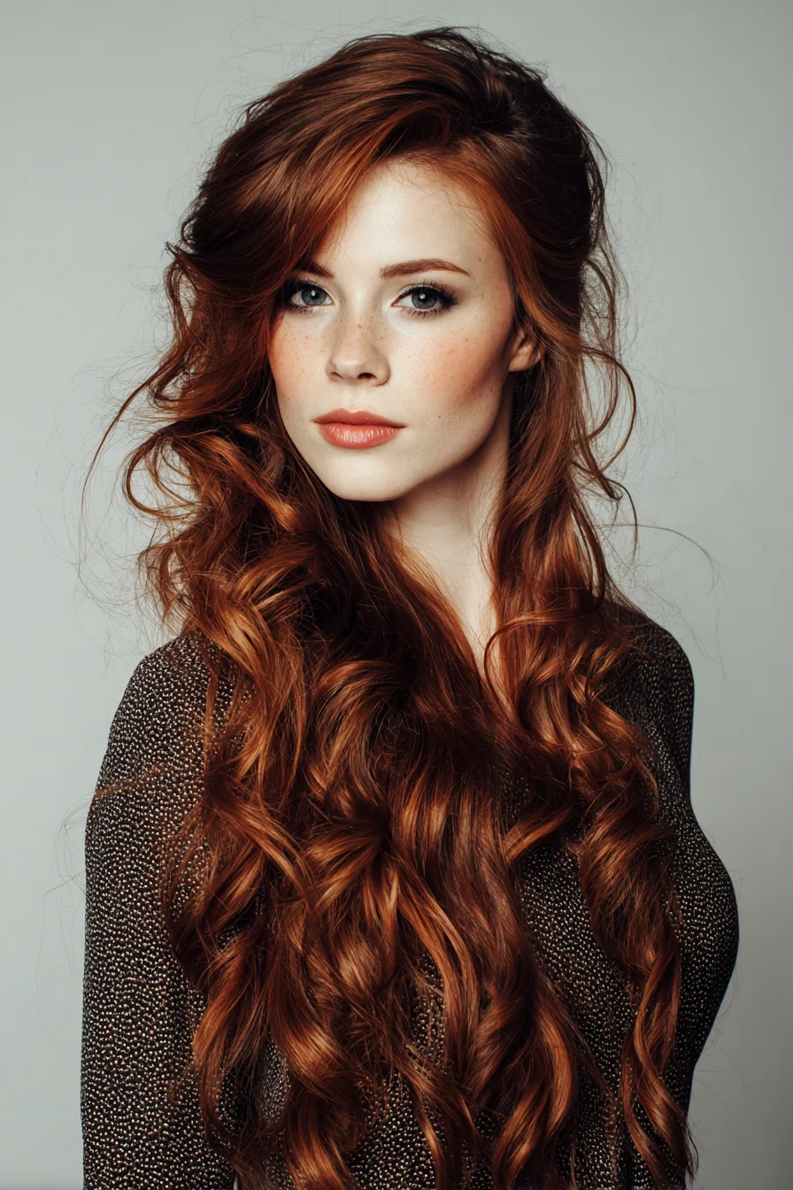 Long Red Voluminous Loose Waves with Side‑Swept Fringe