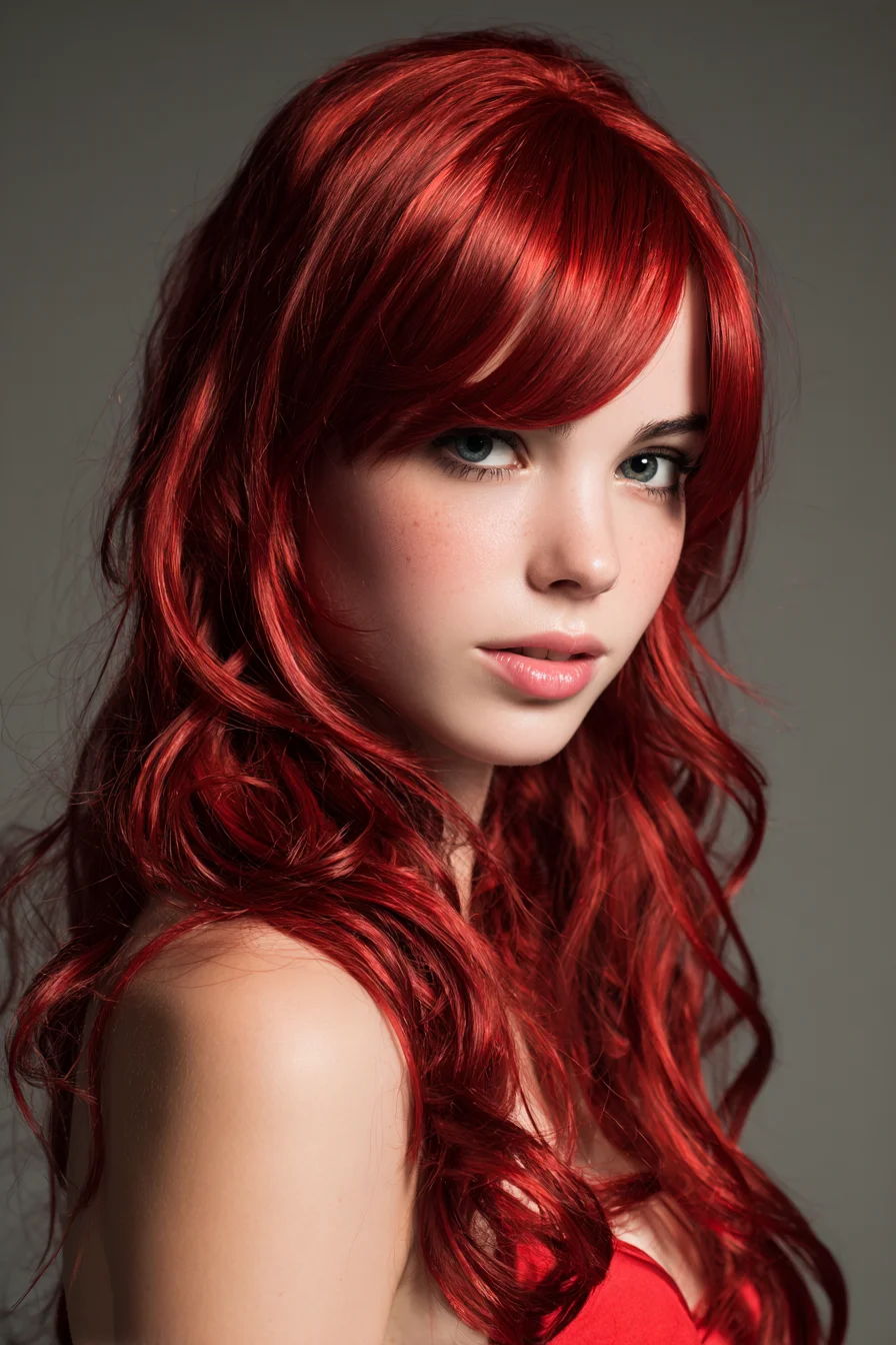 Long Red Waves with Soft Curtain Bangs