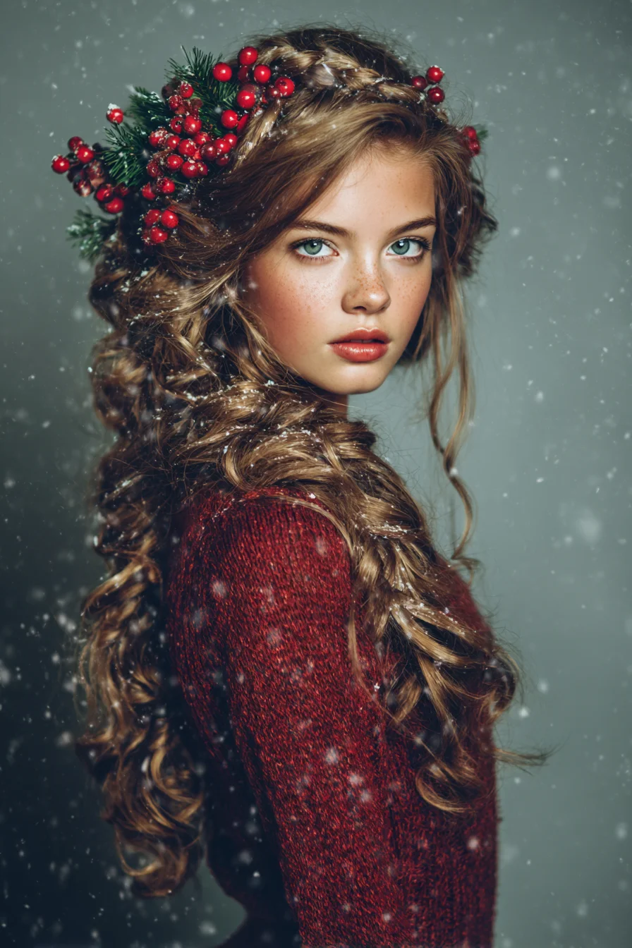 Long Romantic Loose Curls with Crown Braid & Holiday Berry Accents