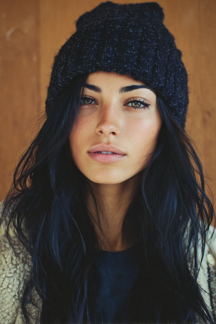 Long Textured Dark Waves with Face‑Framing Layers — Beanie-Friendly Style