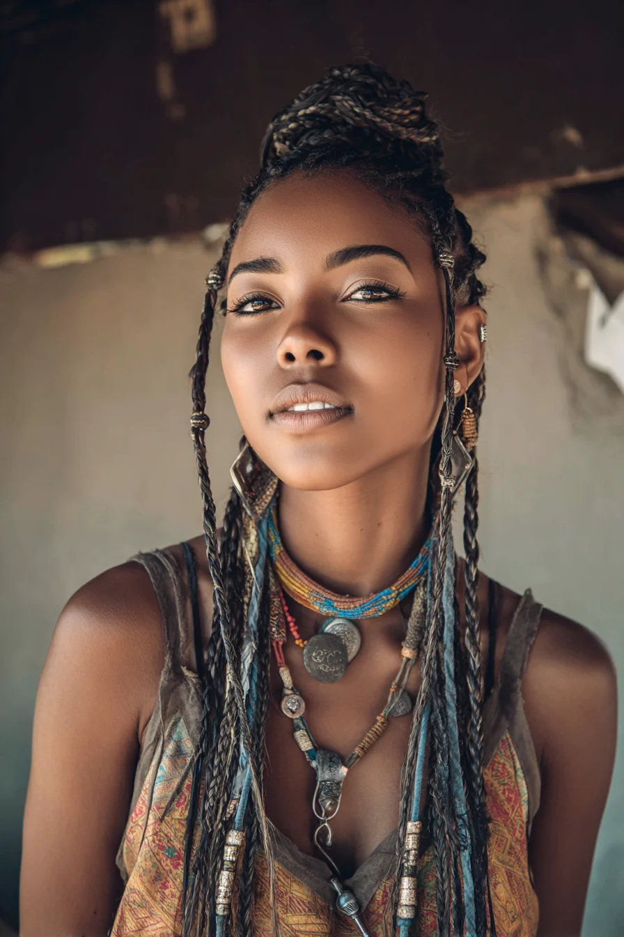 Long Thin Box Braids with High Topknot and Decorative Wraps