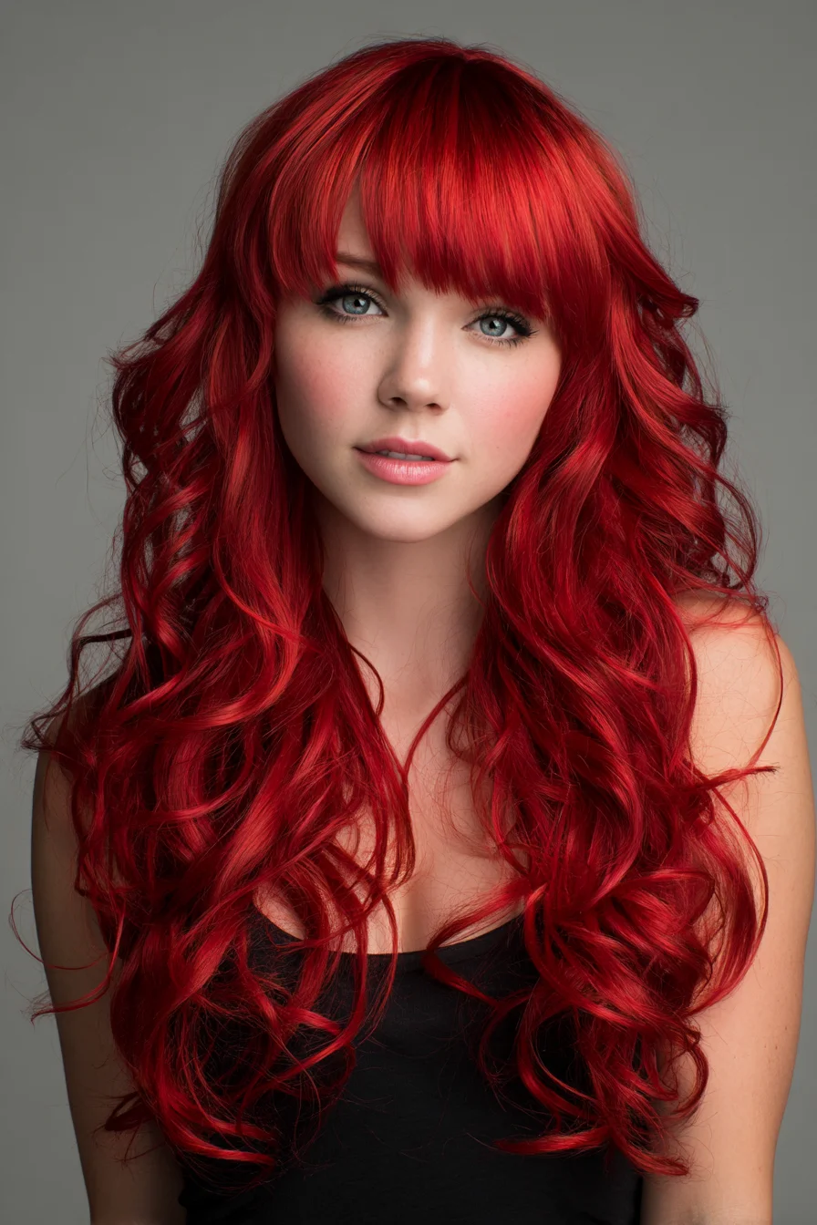 Long Vibrant Red Waves with Layered Curtain Bangs