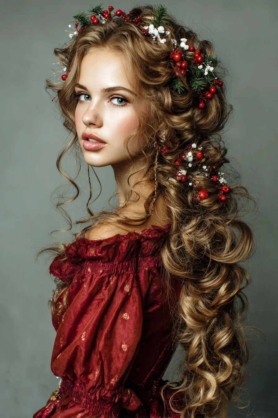 Long Voluminous Curls with Floral Crown and Boho Accents
